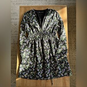 Zara NWOT floral 100% cotton short dress with waist cincher ties